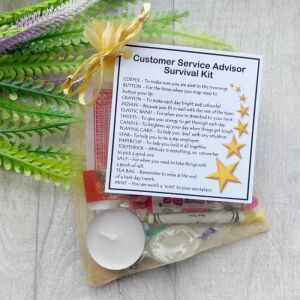 Customer Service Advisor Survival Kit Gift in organza bag with laminated label explaining each survival item