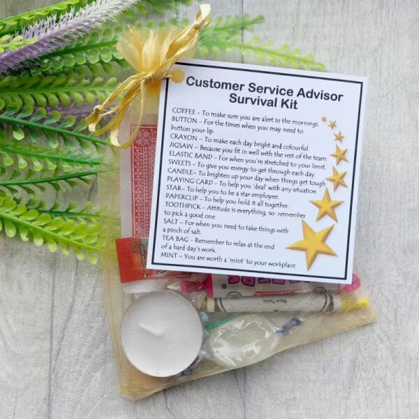 Customer Service Advisor Survival Kit Gift in organza bag with laminated label explaining each survival item