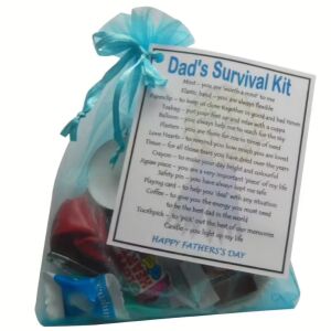 Dad's Survival Kit in blue organza bag with laminated Father's Day label showing novelty gift items