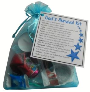 Dads survival kit gift presented in a blue organza bag with a laminated label listing the meaning of each item included, suitable for fathers day or birthday