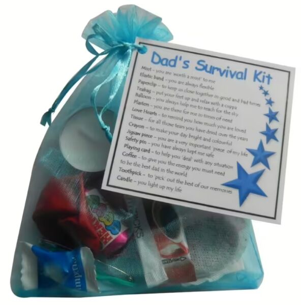 Dads survival kit gift presented in a blue organza bag with a laminated label listing the meaning of each item included, suitable for fathers day or birthday