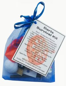 Darts Survival Kit Gift in green organza bag with laminated label - novelty gift for darts players