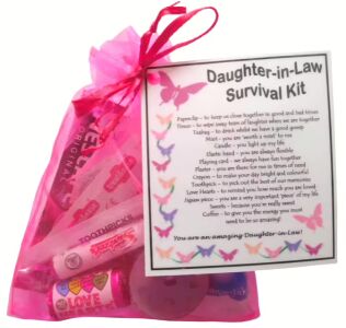 Daughter-in-Law Survival Kit Gift in pink organza bag with laminated label - novelty gift for any occasion