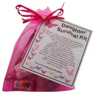 Daughter Survival Kit in a pink organza bag with laminated label, a novelty keepsake gift for daughters for birthdays or Christmas