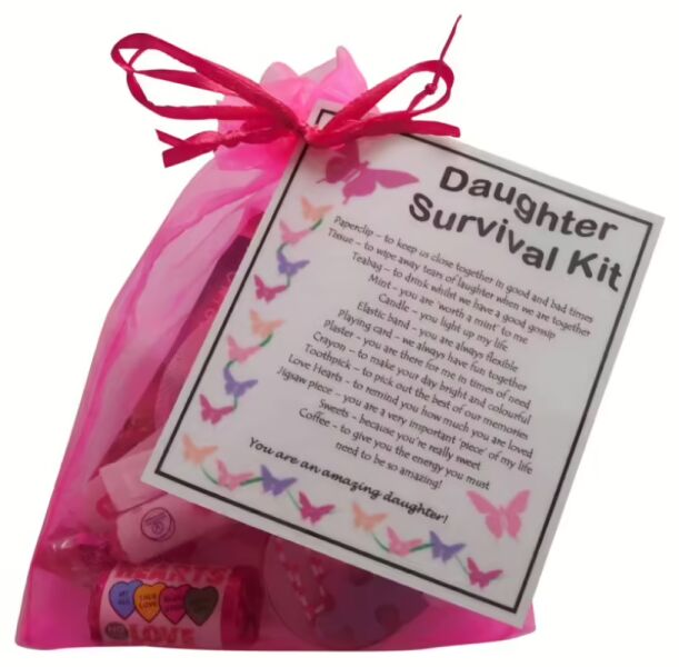 Daughter Survival Kit in a pink organza bag with laminated label, a novelty keepsake gift for daughters for birthdays or Christmas
