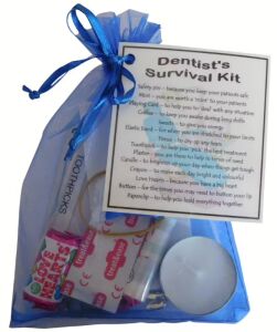 Dentist's Survival Kit in organza bag with laminated label explaining each item