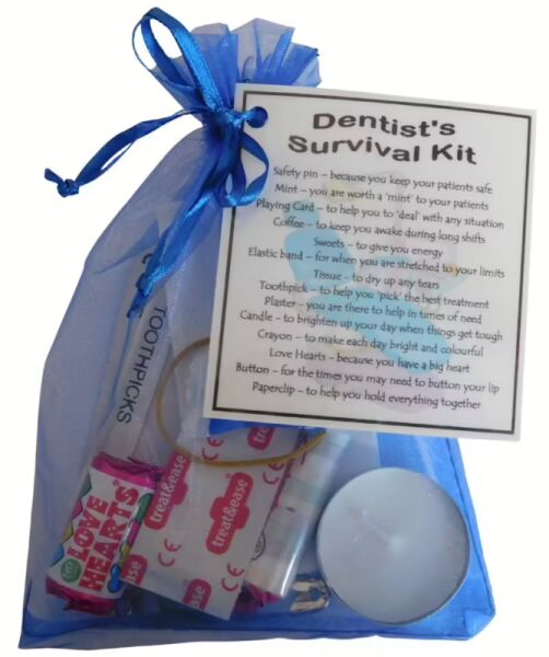 Dentist's Survival Kit in organza bag with laminated label explaining each item
