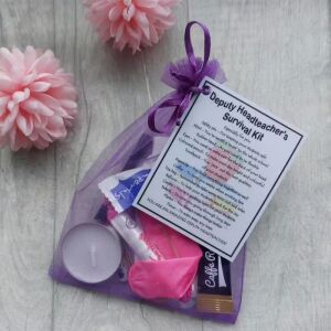 Deputy Headteacher Survival Kit Gift in organza bag with laminated label explaining each symbolic item