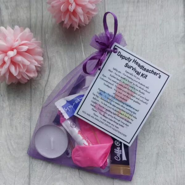 Deputy Headteacher Survival Kit Gift in organza bag with laminated label explaining each symbolic item