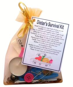 Dieter's Survival Kit in organza bag with laminated label explaining each motivational item inside