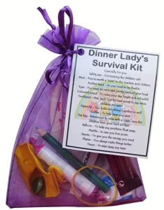 Dinner Lady Survival Kit Gift in organza bag with laminated label explaining each item