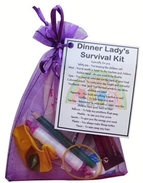 Dinner Lady Survival Kit Gift in organza bag with laminated label explaining each item