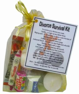 Divorce Survival Kit Gift in yellow organza bag with laminated label explaining each symbolic item