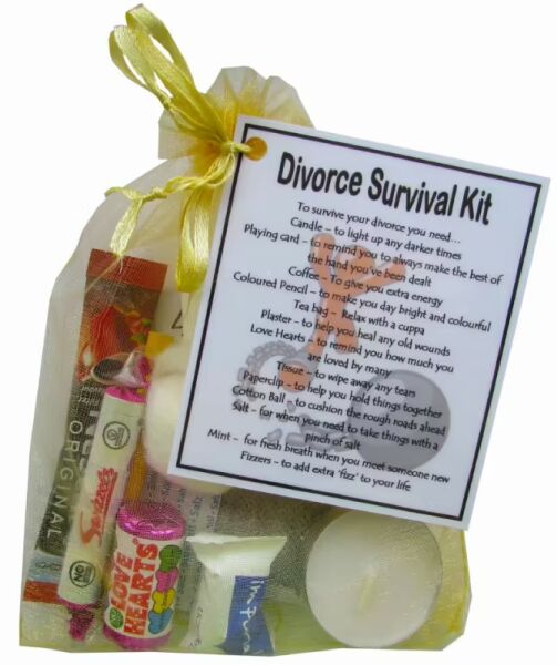 Divorce Survival Kit Gift in yellow organza bag with laminated label explaining each symbolic item