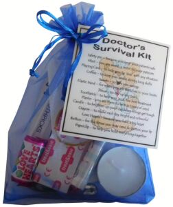Doctor's Survival Kit in organza bag with laminated label - thoughtful gift for medical professionals