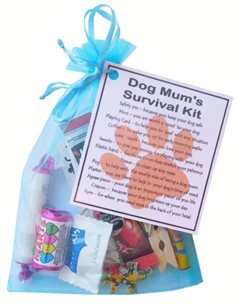 Dog Mum's Survival Kit in organza bag with laminated label - novelty gift for dog mums and dog owners
