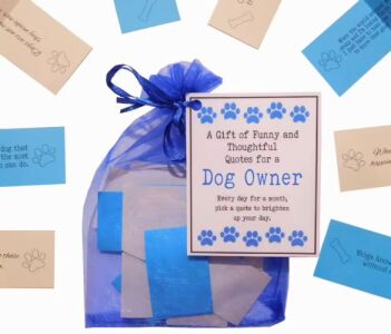 Handmade dog owner gift with 31 funny and thoughtful quotes in a blue organza bag with laminated label