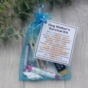 Dog Walker's Survival Kit in blue organza bag with laminated label