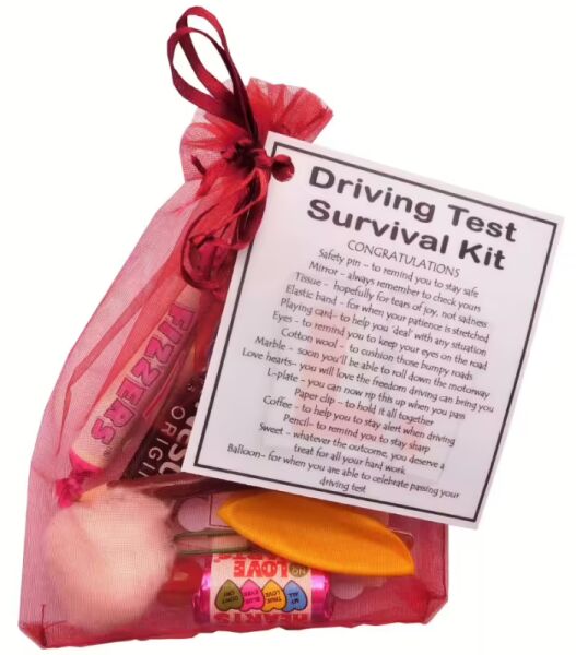 Driving Test Survival Kit in dark red organza bag with laminated label explaining each symbolic item for test day luck