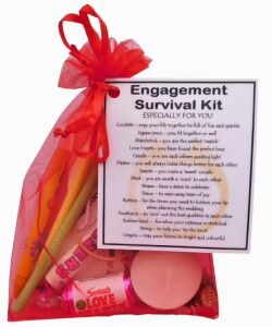 Engagement Survival Kit in organza bag with laminated label explaining each item's meaning for the engaged couple