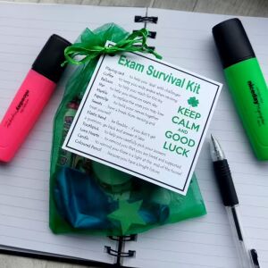 Exam Survival Kit in green organza bag with laminated label showing exam good luck items