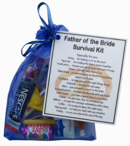 Father of the Bride Survival Kit in blue organza bag with laminated label explaining each item
