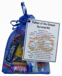 Father of the Groom Survival Kit in blue organza bag with laminated label - novelty wedding gift