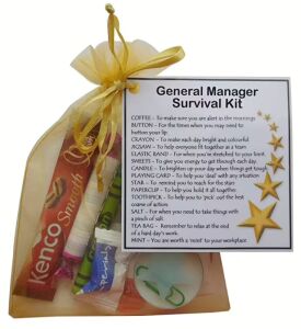 General Manager Survival Kit Gift in organza bag with laminated label explaining each survival item for managers