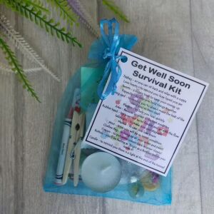 Get Well Soon Survival Kit in blue organza bag with laminated label showing each item's special meaning
