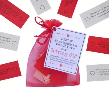Handmade getting old gift with 31 funny quotes about aging and senior moments in an organza bag with laminated label