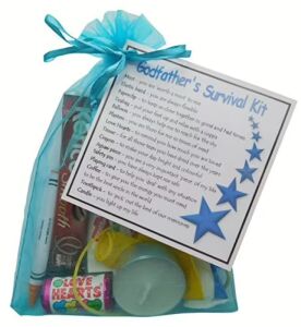 Godfather Survival Kit Gift in blue organza bag with laminated label showing survival kit items and their meanings