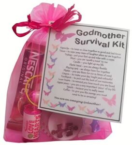 Godmother survival kit gift in pink organza bag with laminated label explaining each item