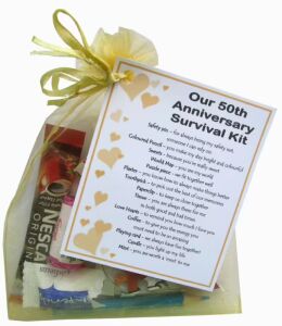Golden 50th Anniversary Survival Kit Gift in organza bag with laminated label for 50th wedding anniversary celebration