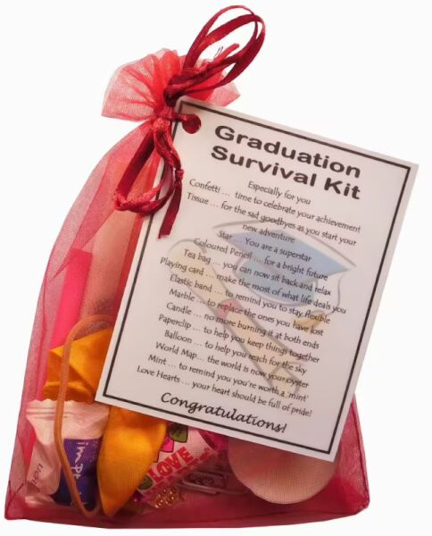 Graduation Survival Kit in dark red organza bag with laminated label explaining each symbolic item for graduates