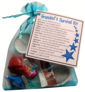 Grandad's Survival Kit Gift in blue organza bag with laminated label explaining the meaning of each item