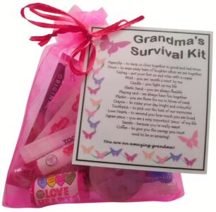 Grandma's Survival Kit Gift in pink organza bag with laminated label - sentimental birthday and Christmas present for grandmothers