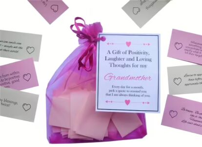Handmade Grandma gift bag with 31 inspirational quotes, laughter and loving thoughts in organza bag with laminated label