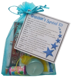 Grandson survival kit gift in blue organza bag with laminated label