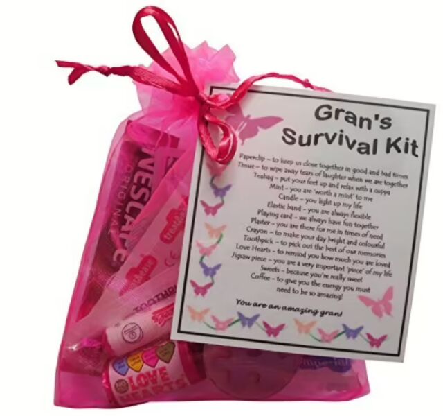 Gran's Survival Kit Gift in pink organza bag with laminated label explaining each symbolic item
