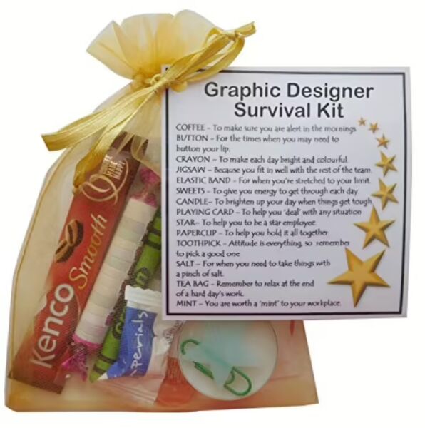 Graphic Designer Survival Kit Gift in organza bag with laminated label explaining the meaning of each item inside
