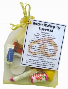 Groom's Wedding Survival Kit in organza bag with laminated label explaining wedding survival items