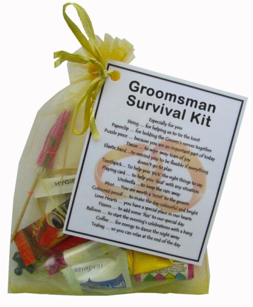 Groomsman survival kit in a golden yellow organza bag with laminated label, novelty wedding party thank you gift