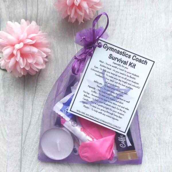 Gymnastics Coach Survival Kit Gift in organza bag with laminated label showing appreciation items