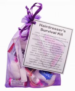 Hairdresser's Survival Kit in organza bag with laminated label explaining each item's significance