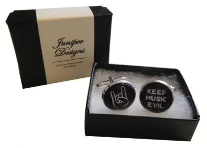 Handcrafted Keep Music Evil Cuff links - Fun Valentine's Day, Christmas, thank you or birthday gift for a Metal Head