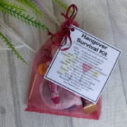Hangover Survival Kit Gift in dark red organza bag with laminated label showing humorous item descriptions