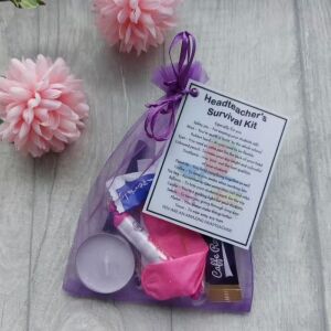 Headteacher Survival Kit Gift in organza bag with laminated label explaining each symbolic item