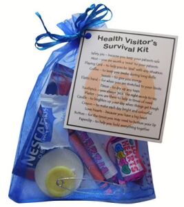 Health Visitor's Survival Kit with organza bag and laminated label explaining each symbolic item