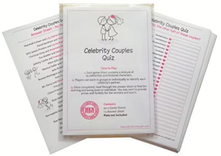 Hen Night Celebrity Couples Quiz Game including 20 Game Cards  - plus answer sheet