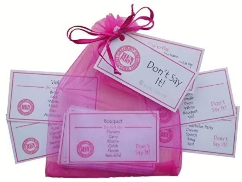 Don't Say It Hen Party Game - 20 laminated taboo style cards in a hot pink organza bag, a fun icebreaker game for hen nights and hen weekends